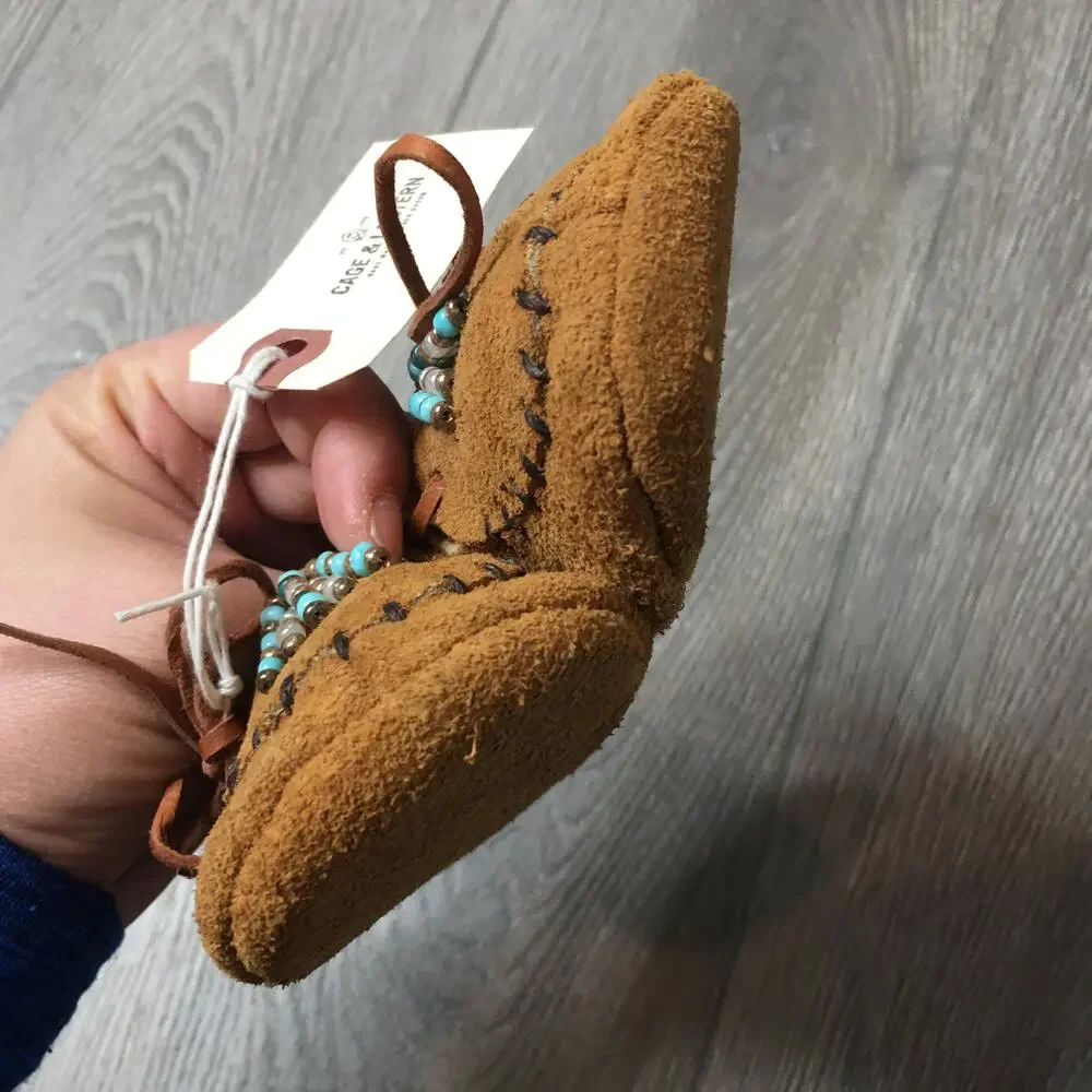NWT Cage & Lantern Hand Made Leather Beaded Slip On Moccasin Suede Brown 5